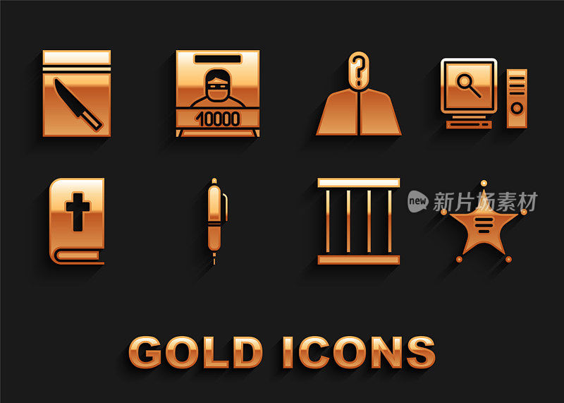 Set Pen, Search on computer screen, Hexagram sheriff, Prison window, Holy bible book, Anonymous with question mark, Evidence bag and knife and Wanted poster icon. Set Pen, Search on computer screen, Hexagram sheriff, Prison window, Holy bible book, Anonymous with question mark, Evidence bag and knife and Wanted poster icon。向量